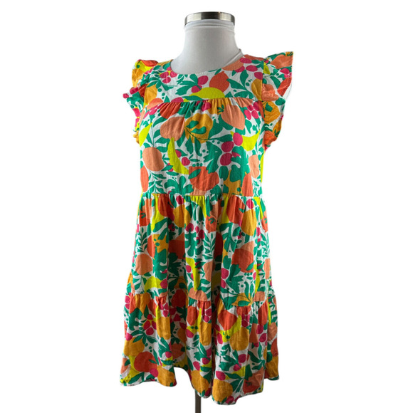 J. Crew Linen Blend Printed Mini Dress A-Line Tiered Floral Fruit Pockets Size 8 - Picture 2 of 16